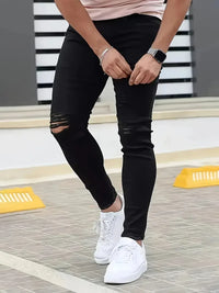 Men's Slim-Fit Ripped Jeans - Stylish Black Distressed Denim with Raw Hem, Comfortable & Versatile for All Seasons, Casual Stree - Buy online at  Vibe In Cart.