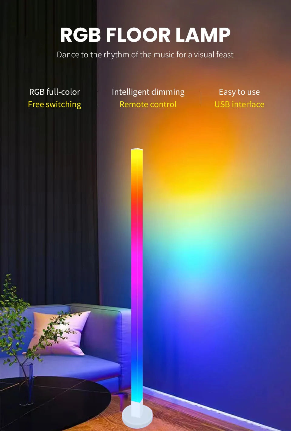 RGB LED Floor Lamp Remote & APP Control Music Sync Corner Lighting Modern Mood Lighting for Bedroom Living Room Gaming decor - Buy online at  Vibe In Cart.