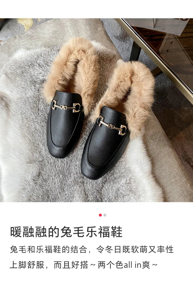 Retro Loafers 2024 Fashion Women's Shoes Autumn and Winter Women Velvet Warm Flat-bottomed Rabbit Fur Leather Shoes - Buy online at  Vibe In Cart.
