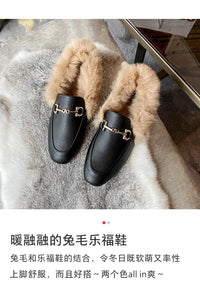 Retro Loafers 2024 Fashion Women's Shoes Autumn and Winter Women Velvet Warm Flat-bottomed Rabbit Fur Leather Shoes - Buy online at  Vibe In Cart.