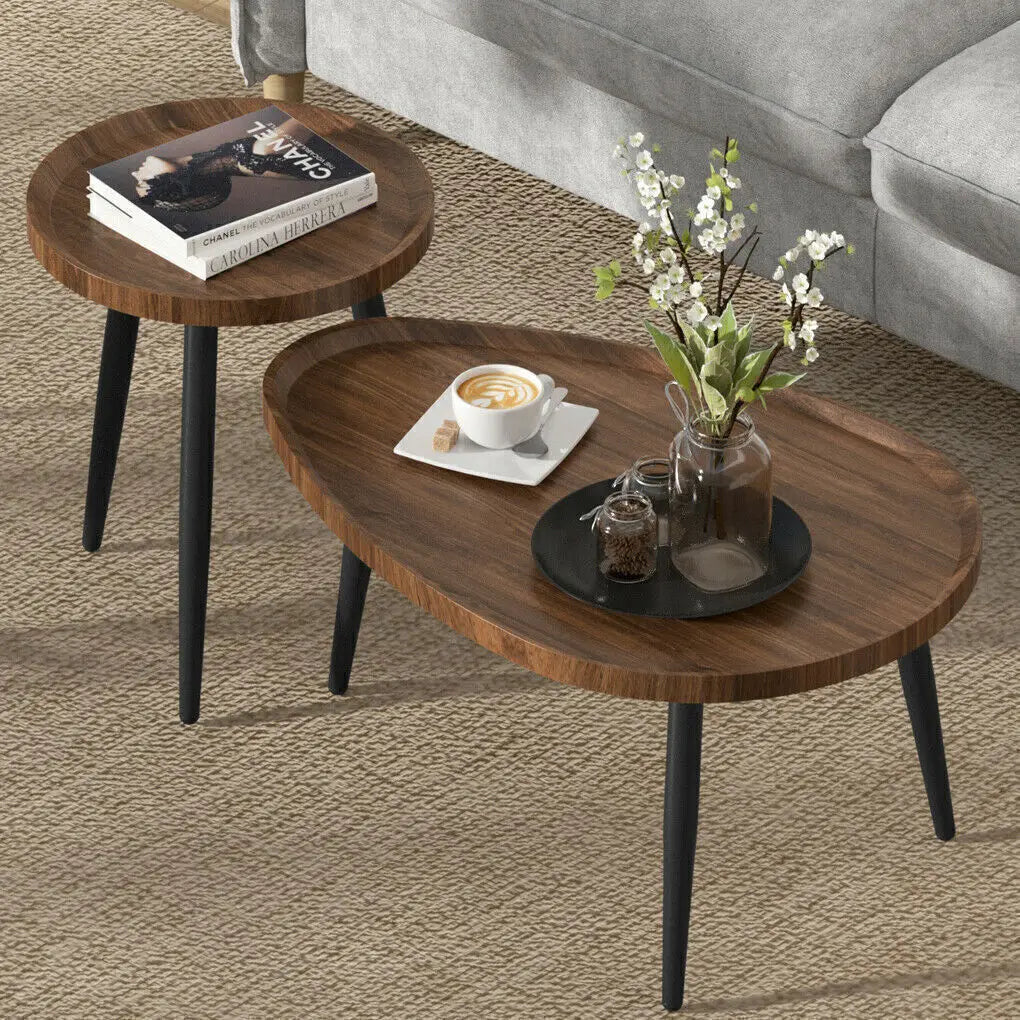 Round Coffee Table Set of 2 Rustic for Living Room Modern Nesting Tables for Balcony Office with Wood Table Top And Metal Legs - Buy online at  Vibe In Cart.