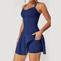 Womens Spaghetti Strap Tennis Dress with Built-in Shorts and Bra Golf Athletic Dress with Pockets