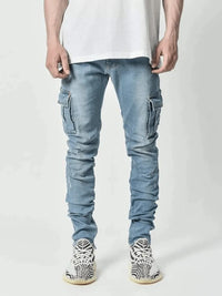 2025 New Men Street Elastic Denim Brand Jeans Narrow Legs Multi Pockets Cargo Pants Casual Slim Fit Daily Wear Joggers Mid Waist - Buy online at  Vibe In Cart.