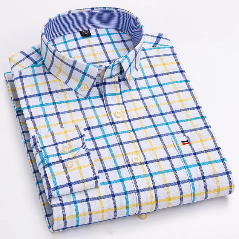 Men's Long Sleeve 100% Cotton Oxford Plaid Shirt