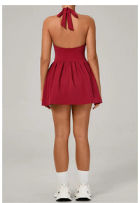 Hanging Neck Tennis Dress Women Solid Color Sleeveless Sports One Piece Pocket Suits Outdoor Running Fitness Yoga Golf Dresses