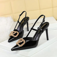 Women Metal Decoration 9cm High Heels Sandals Female Patent Leather Back Strap Pumps Lady Pointed-toe Shallow Crystal Shoes - Buy online at  Vibe In Cart.
