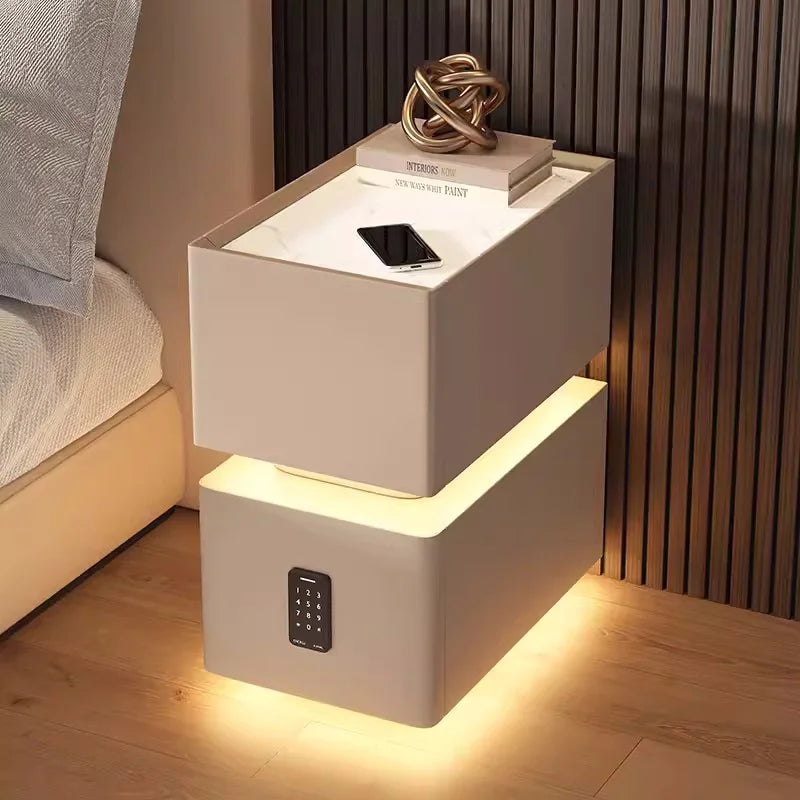 Wooden Bedside Table with Wireless Charging, Sensor Light, and 1 Drawer