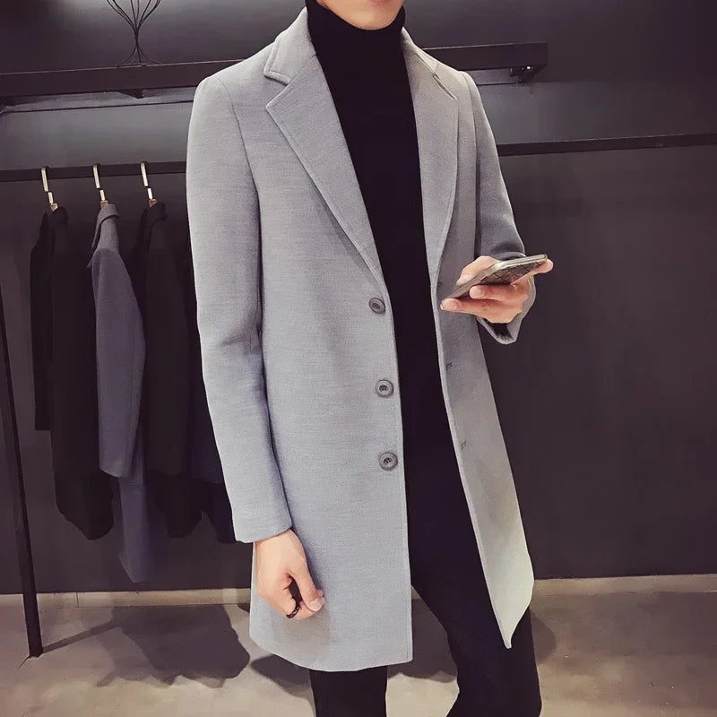 Men's Long Slim Cotton Wool Blend Coat for Autumn Winter