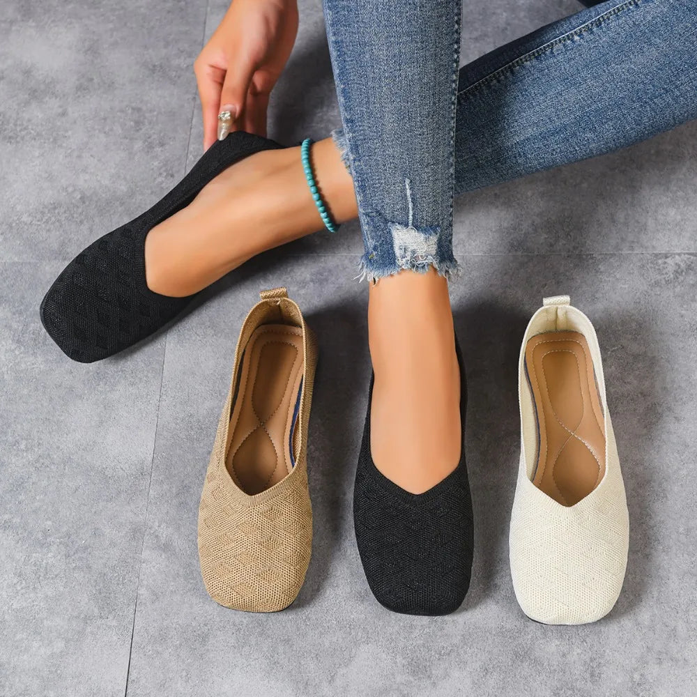 New 2026 Spring/autumn Square Toe Flat Office Boat Solid Color Knitted Slip on Shoes Casual Ballet Flats Shoes Women Loafers - Buy online at  Vibe In Cart.