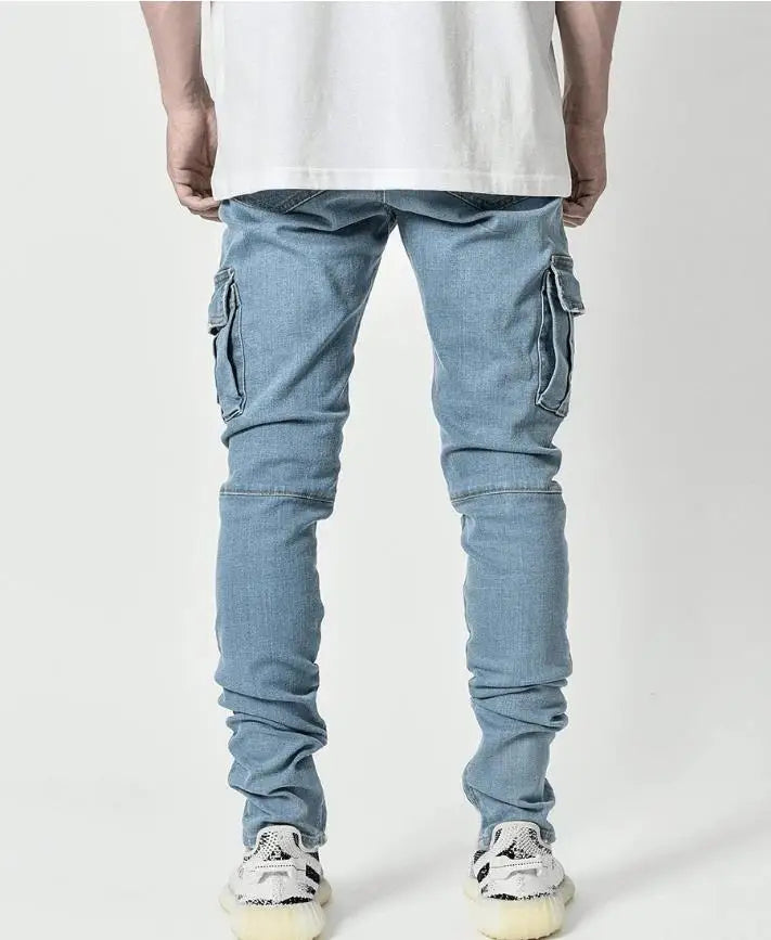2025 New Men Street Elastic Denim Brand Jeans Narrow Legs Multi Pockets Cargo Pants Casual Slim Fit Daily Wear Joggers Mid Waist - Buy online at  Vibe In Cart.