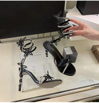 Women's Crystal Embellished High Heel Gladiator Sandals with Butterfly Detail