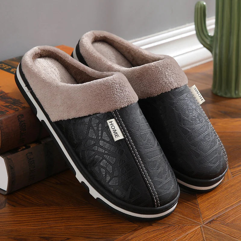 Mens Winter Slippers PU Leather Waterproof Indoor House Shoes Big Size Warm Fur Lined Home Bedroom Slippers - Buy online at  Vibe In Cart.