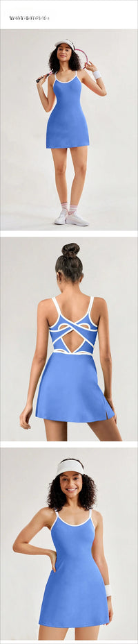 Women Tennis Dress with Inner Short Golf Badminton Skorts Backless Cross Tracksuits Ladies Sleeveless Golf Yoga Dresses S-XL