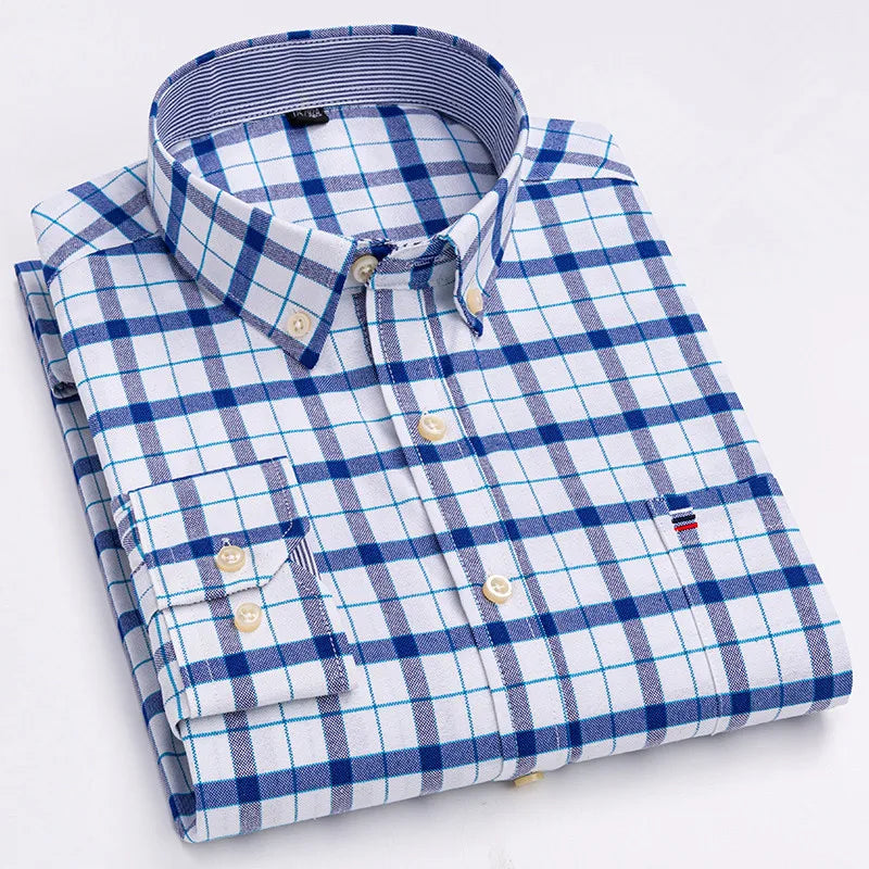 Men's Long Sleeve 100% Cotton Oxford Plaid Shirt