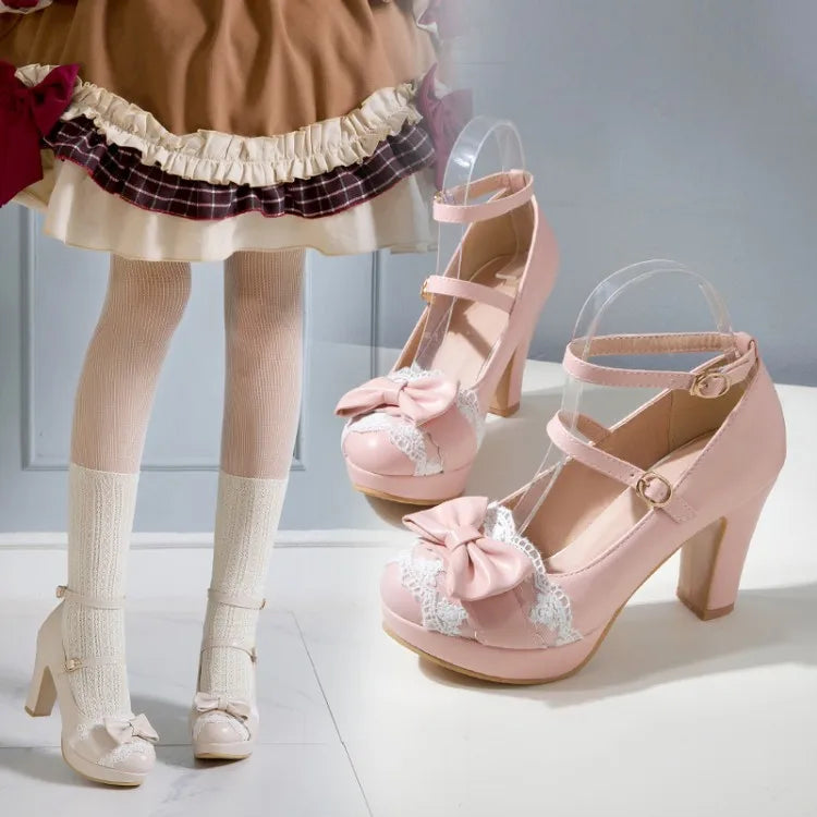 New high-heeled women's single shoes, white lace frills princess shoes, cute pink student party gathering high heels, thick-heel - Buy online at  Vibe In Cart.