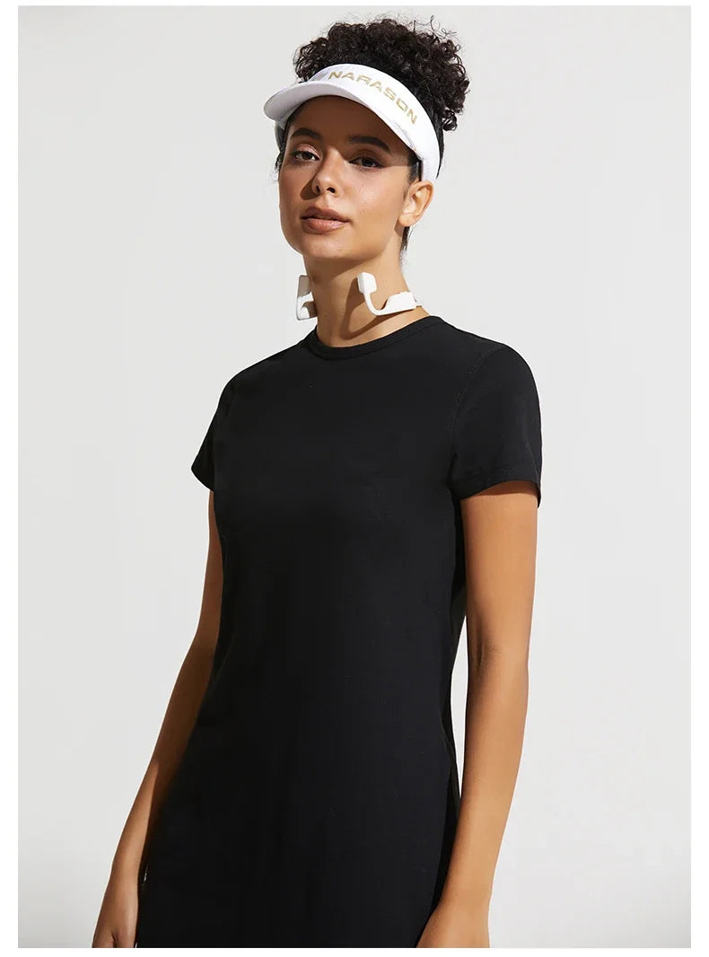 Summer Women Tennis Dress Cotton Female Short Sleeve Black Sport Dress Training Running Fitness Skirt Golf Badminton Dress Suit