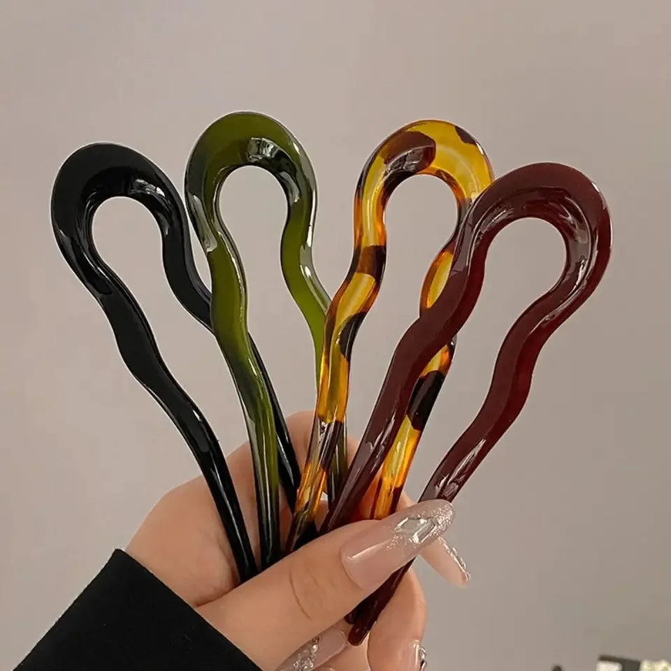 U-Shaped French Twist Hair Stick Hair Clip Plastic Wavy Hairpins Vintage Green Tortoise Women Hair Sticks Headwear Accessories - Buy online at  Vibe In Cart.