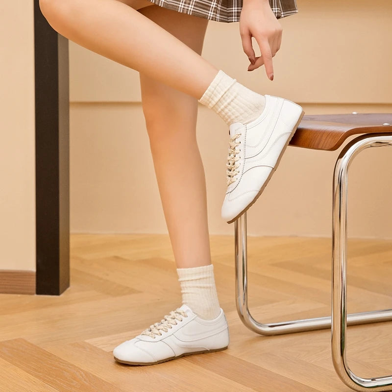 Women's Retro Flat Lace-Up Genuine Leather Sneakers Large Size