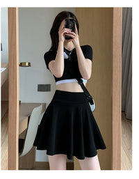 Women's Black High Waist Pleated Mini Skirt with Elastic Waist