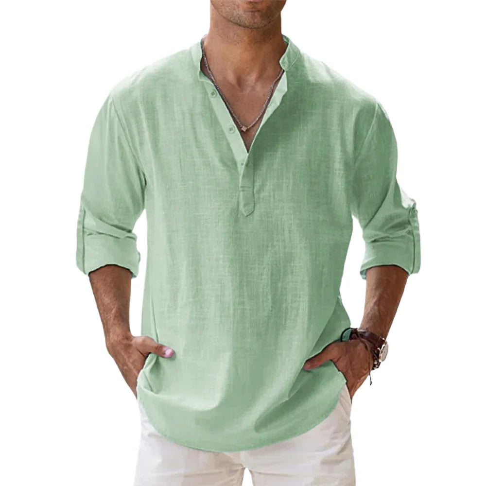 Cotton Linen Hot Sale Men's Short-Sleeved Shirts Summer Solid Color Henley Collar Casual Beach Style Hawaiian Vacation - Buy online at  Vibe In Cart.