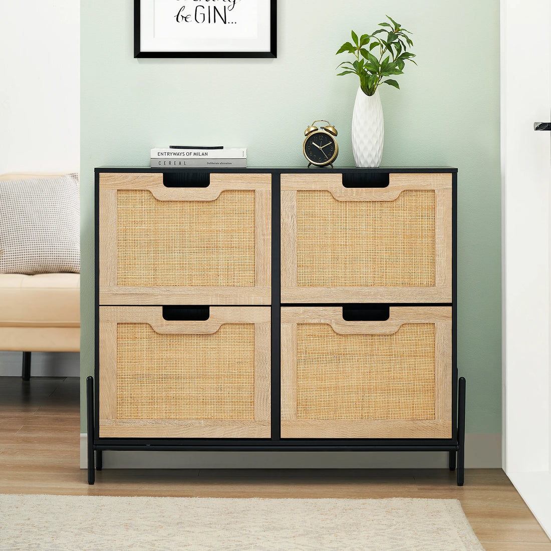 Rattan Shoe Storage Cabinet, Entryway Shoes Cabinet with 4 Flip Doors, Freestanding Shoe Rack with 3 Position Adjustable Shelves - Buy online at  Vibe In Cart.