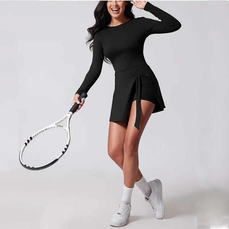 VITALINOVO Womens High Neck Tennis Dress Long Sleeve Sarong Wrap Skirt Built in Shorts Golf Athletic Dress Workout Rompers - Buy online at  Vibe In Cart.