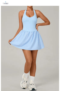 Hanging Neck Tennis Dress Women Solid Color Sleeveless Sports One Piece Pocket Suits Outdoor Running Fitness Yoga Golf Dresses