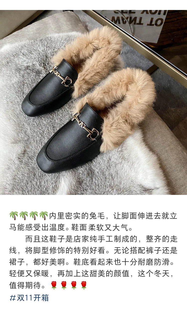 Retro Loafers 2024 Fashion Women's Shoes Autumn and Winter Women Velvet Warm Flat-bottomed Rabbit Fur Leather Shoes - Buy online at  Vibe In Cart.