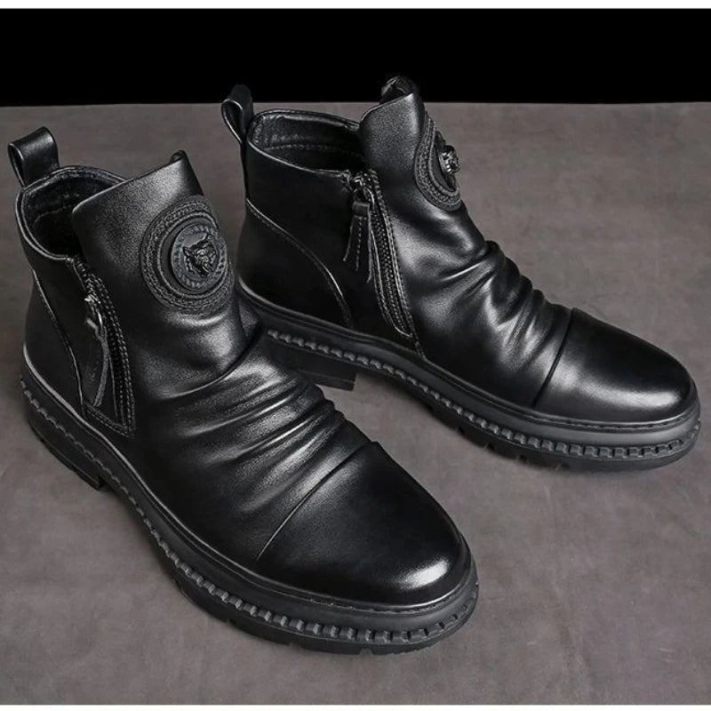 Men's Motorcycle Leather Boots British Style Round Head High Top Shoes Side Zip Walking Casual Platform Boots Bota Masculina - Buy online at  Vibe In Cart.