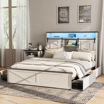 Vabches Bed Frame Queen with 4 Drawer&Storage Headboard Platform Bed Frame with LED Light& Power Strip&Sliding Barn Door Bedroom - Buy online at  Vibe In Cart.