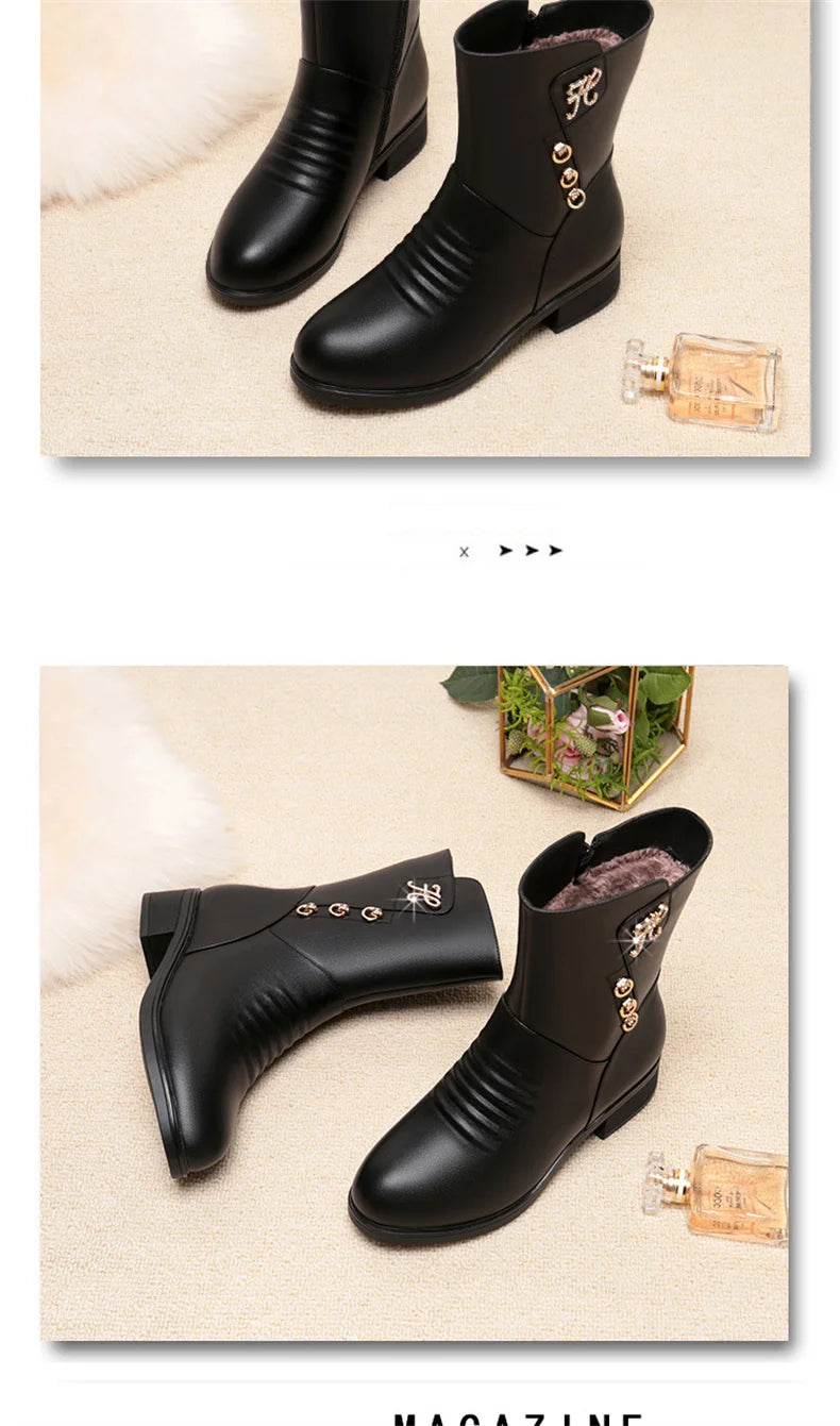 Soft Leather Boots for Women Autumn Winter with Plush Warm Side Zipper Round Toe High Heel Casual Anti-slip Mom Cotton Shoes - Buy online at  Vibe In Cart.
