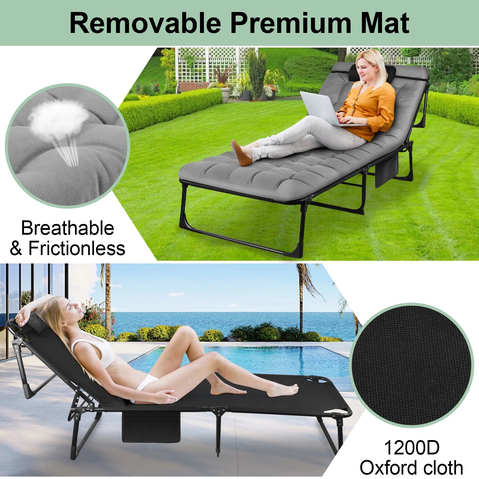 Portable Folding Camping Cot - 3-Position Adjustable Reclining Lounge Chair with Pillow, Outdoor Sleeping Bed (68cm Wide) - Buy online at  Vibe In Cart.