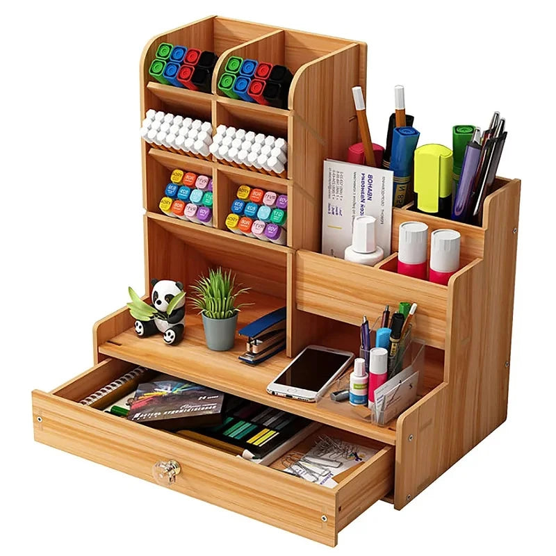 Wooden Pen Holder Desk Organizer With Storage Drawer