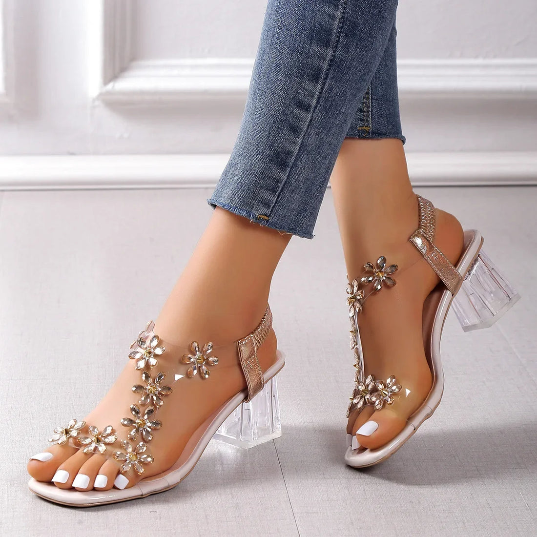Women;s Sandals Pvc Crystal Flower Shoes for Women Decoration Chunky Heel Sandals Ladies Back Strap Fashion Shoes Female2024 - Buy online at  Vibe In Cart.