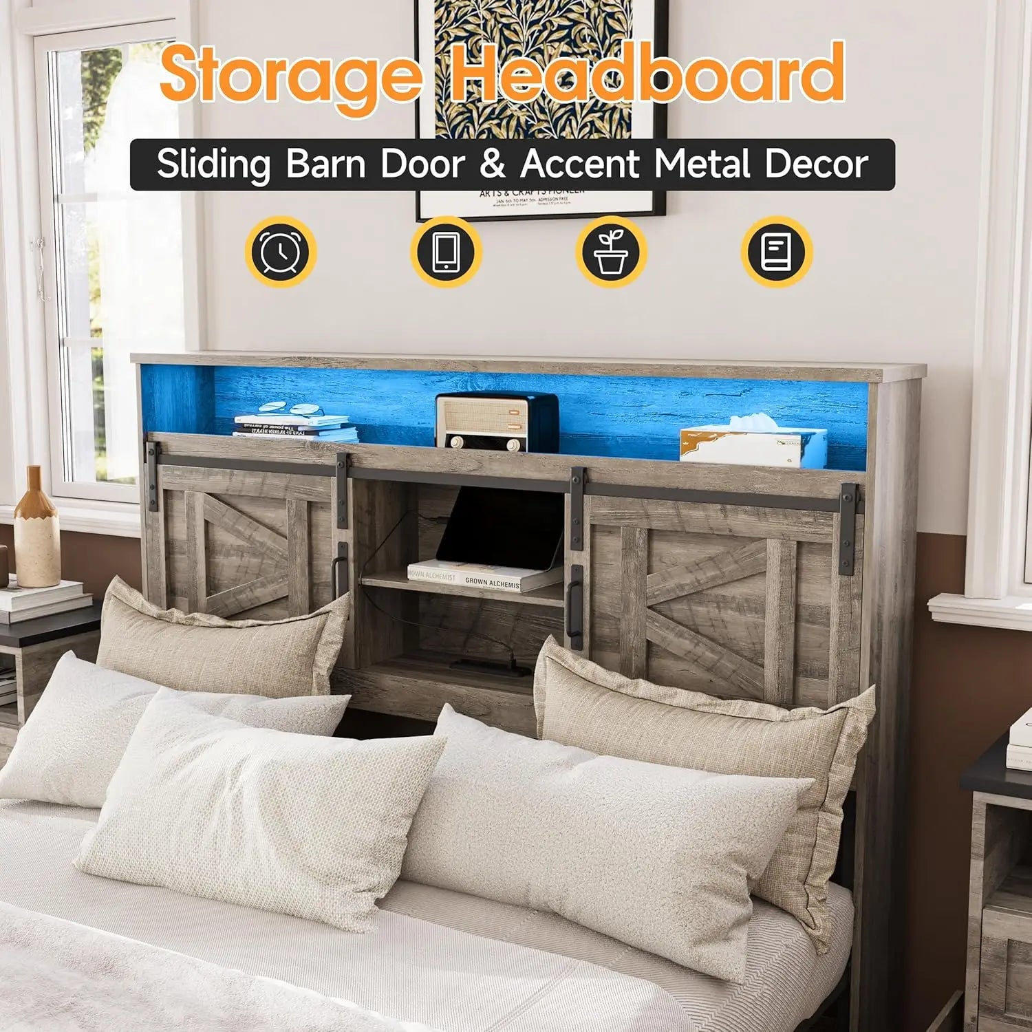 Vabches Bed Frame Queen with 4 Drawer&Storage Headboard Platform Bed Frame with LED Light& Power Strip&Sliding Barn Door Bedroom - Buy online at  Vibe In Cart.