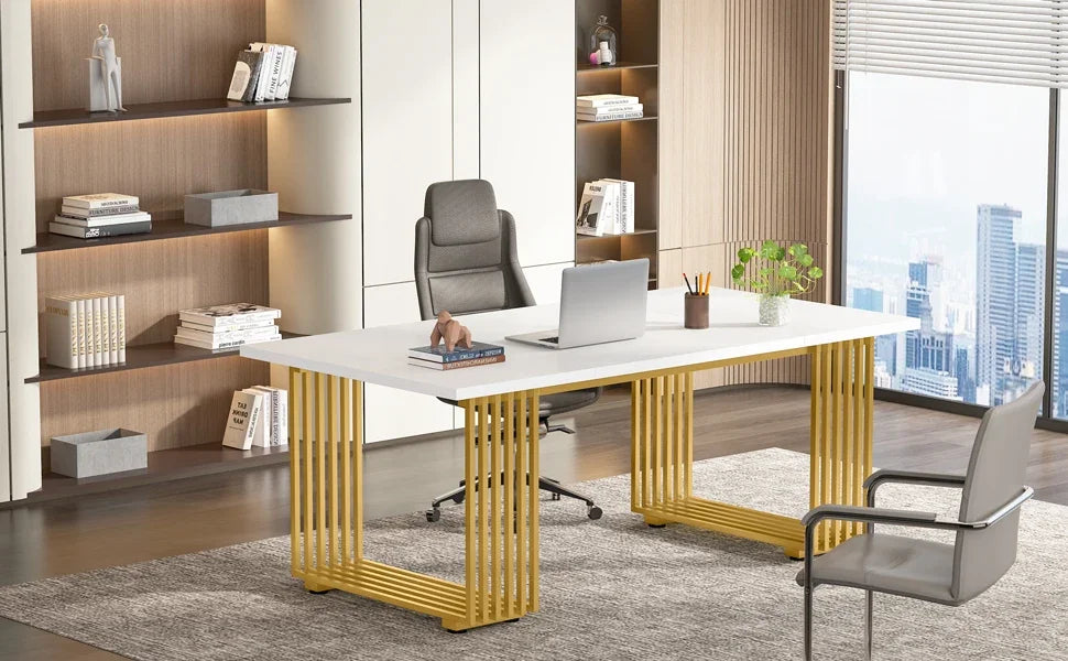 Tribesigns Modern Office Desk, 70.9" Wooden Computer Desk,Executive Desk with Gold Metal Legs, Large Workstation Home Office - Buy online at  Vibe In Cart.