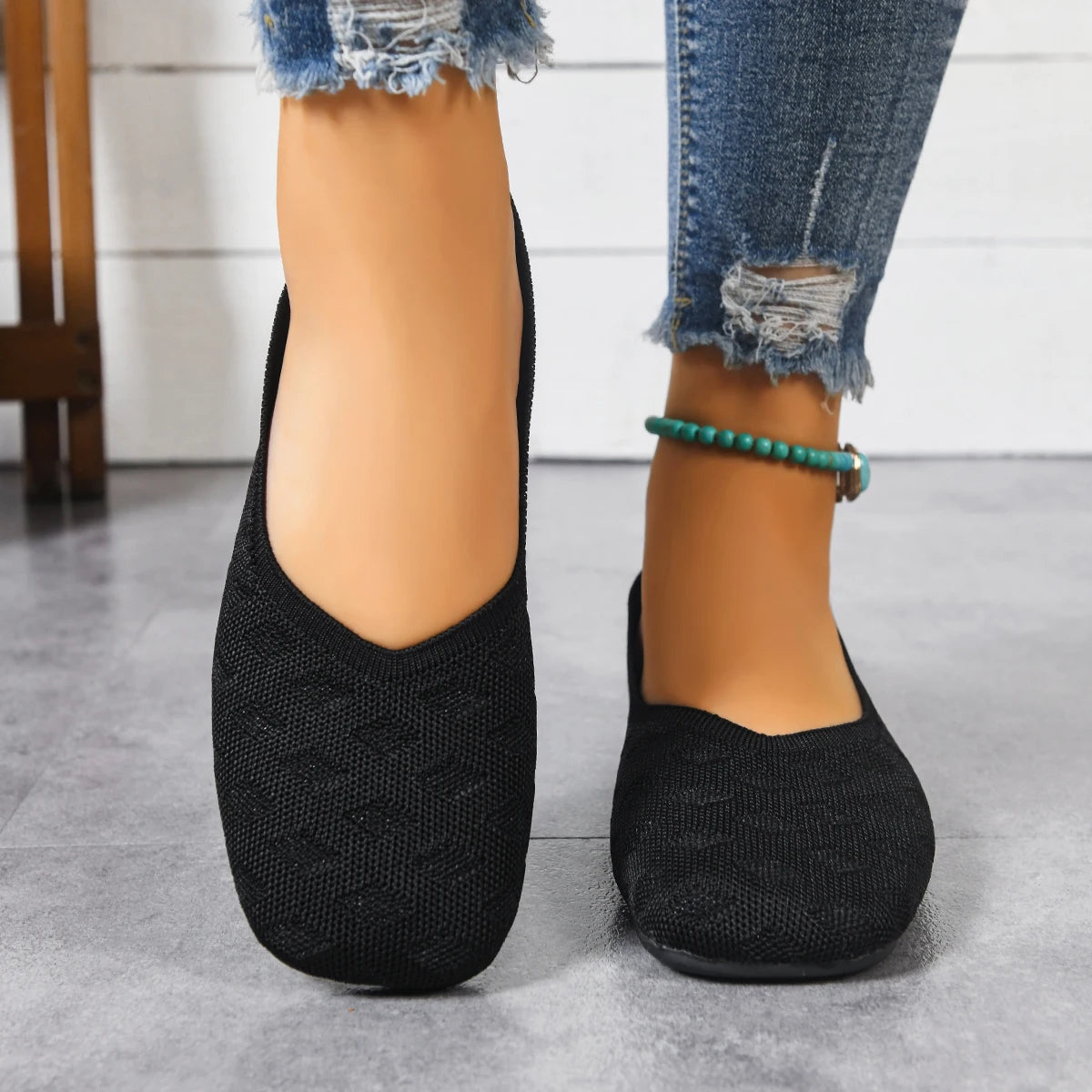 Women's Square Toe Knitted Slip-On Loafers Flat Shoes