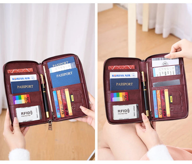 Multifunctional Travel Passport Wallet with RFID Protection in Microfiber Leather