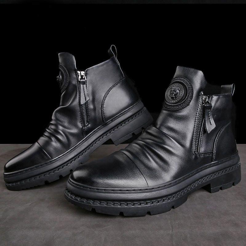 Men's Motorcycle Leather Boots British Style Round Head High Top Shoes Side Zip Walking Casual Platform Boots Bota Masculina - Buy online at  Vibe In Cart.
