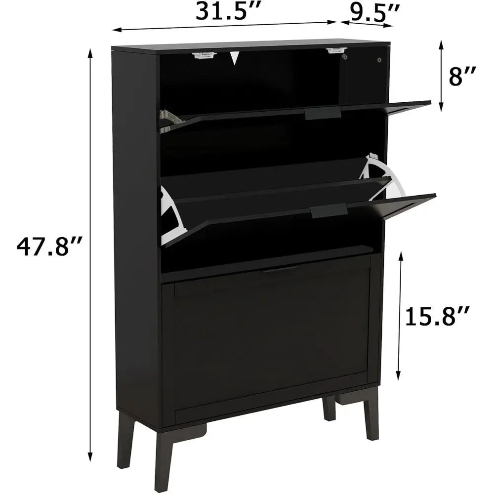 Contemporary Black Wood Shoe Storage Cabinet - Slim 3-Tier Freestanding Entryway Rack - Buy online at  Vibe In Cart.
