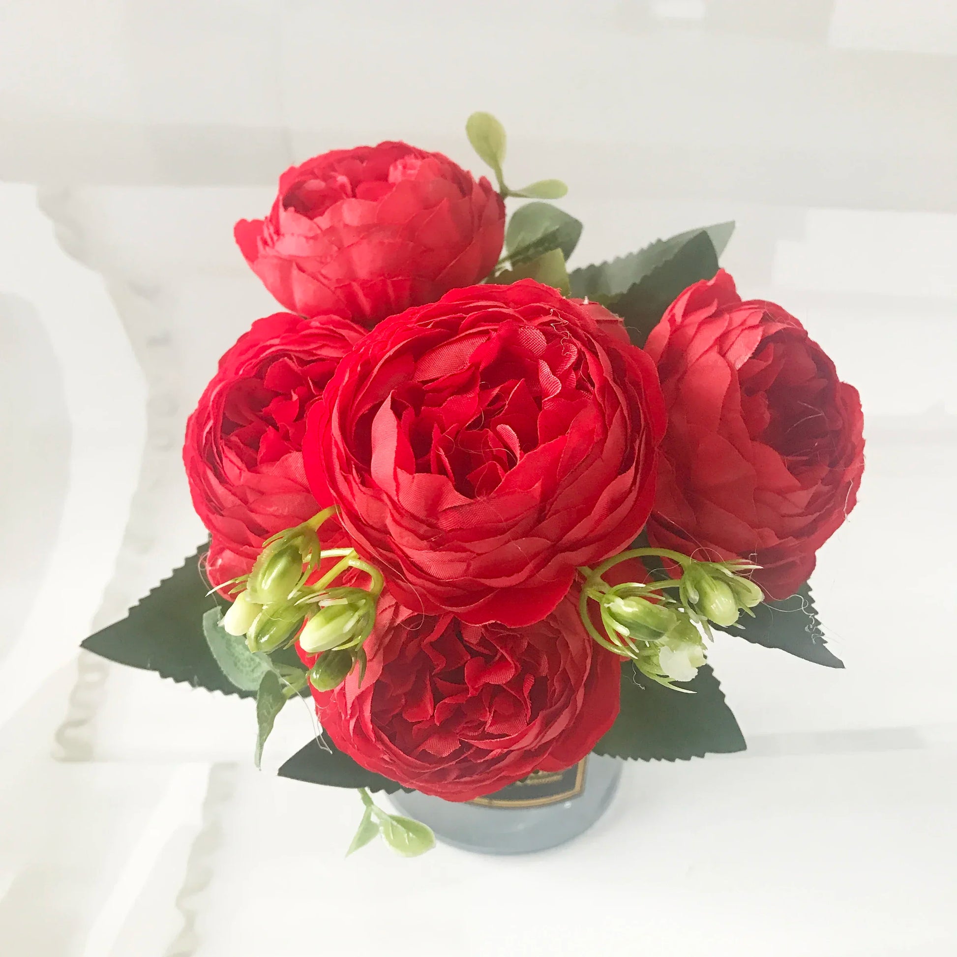 Artificial Peony Flowers Bouquet 30cm Rose Pink Silk with 5 Heads and 4 Buds