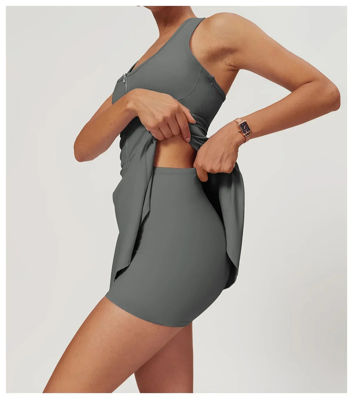 Sleeveless Zipper Tennis Dresses Women's Push-up Workout Yoga Dress Sexy Solid Bodysuit Jumpsuit Skirt Gym Dance Fitness Clothes