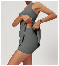 Sleeveless Zipper Tennis Dresses Women's Push-up Workout Yoga Dress Sexy Solid Bodysuit Jumpsuit Skirt Gym Dance Fitness Clothes