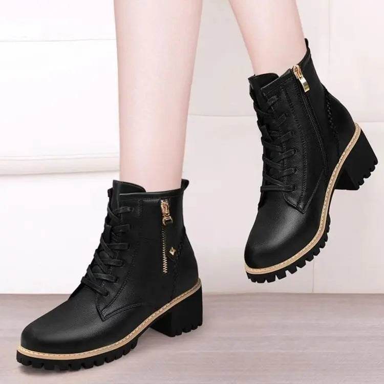Women's Chunky Sole Ankle Boots     Lace-Up & Side-Zip Combat Boots Winter Fleece-Lined Booties Versatile Leather Boots Platfo - Buy online at  Vibe In Cart.