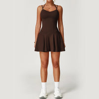 Womens Spaghetti Strap Tennis Dress with Built-in Shorts and Bra Golf Athletic Dress with Pockets
