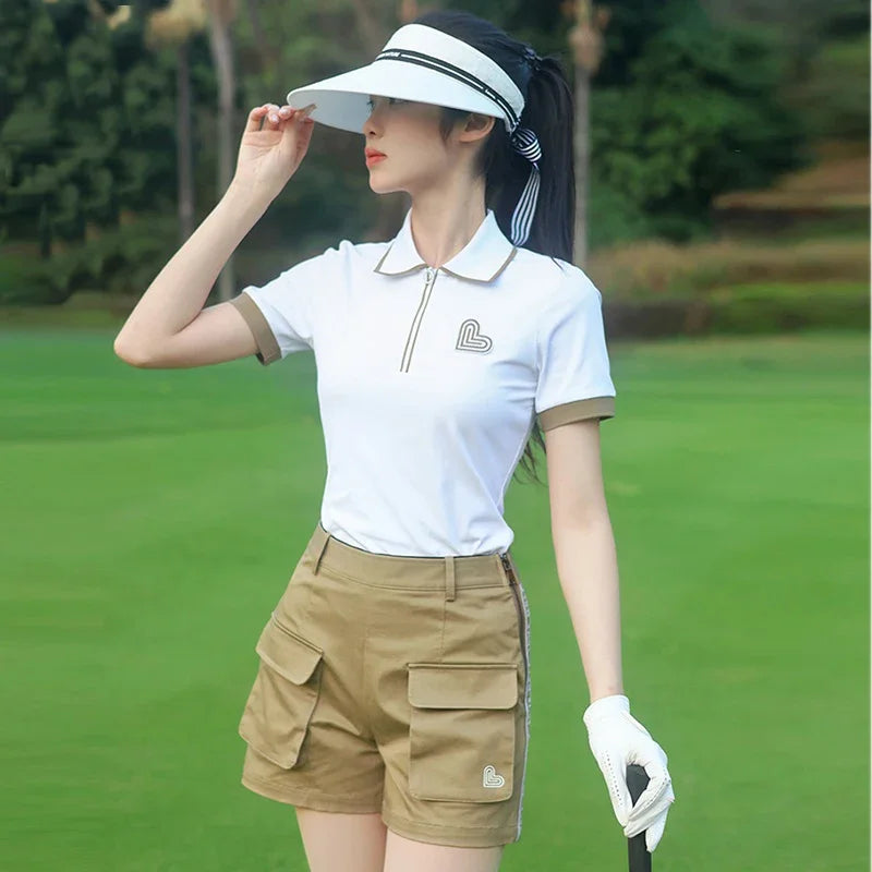Love Golf Women Short Sleeve Sports Shirts Breathable Casual Tops Ladies High Waist Golf Shorts Quick Dry Skorts with Pockets