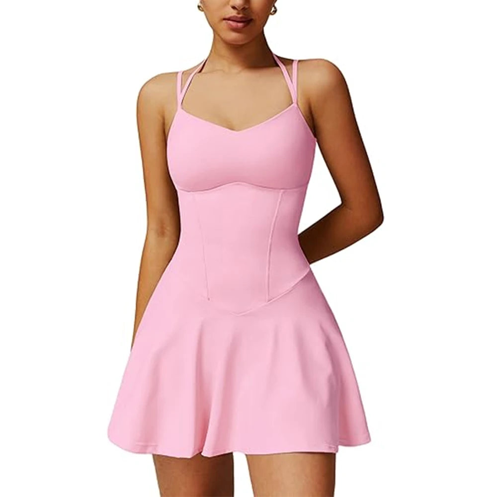 Womens Spaghetti Strap Tennis Dress with Built-in Shorts and Bra Golf Athletic Dress with Pockets