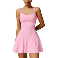 Womens Spaghetti Strap Tennis Dress with Built-in Shorts and Bra Golf Athletic Dress with Pockets
