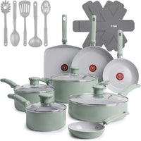 20-Piece Ceramic Nonstick Cookware Set, Oven Safe to 350°F, Includes Pots, Pans, Griddle & Utensils in Mint Green - Buy online at  Vibe In Cart.