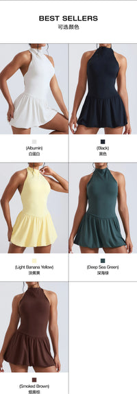Women Tennis Dresses Quick Drying High Neck Backless Golf Skirt  Built in Shorts with Pockets Gym Running Yoga Dress